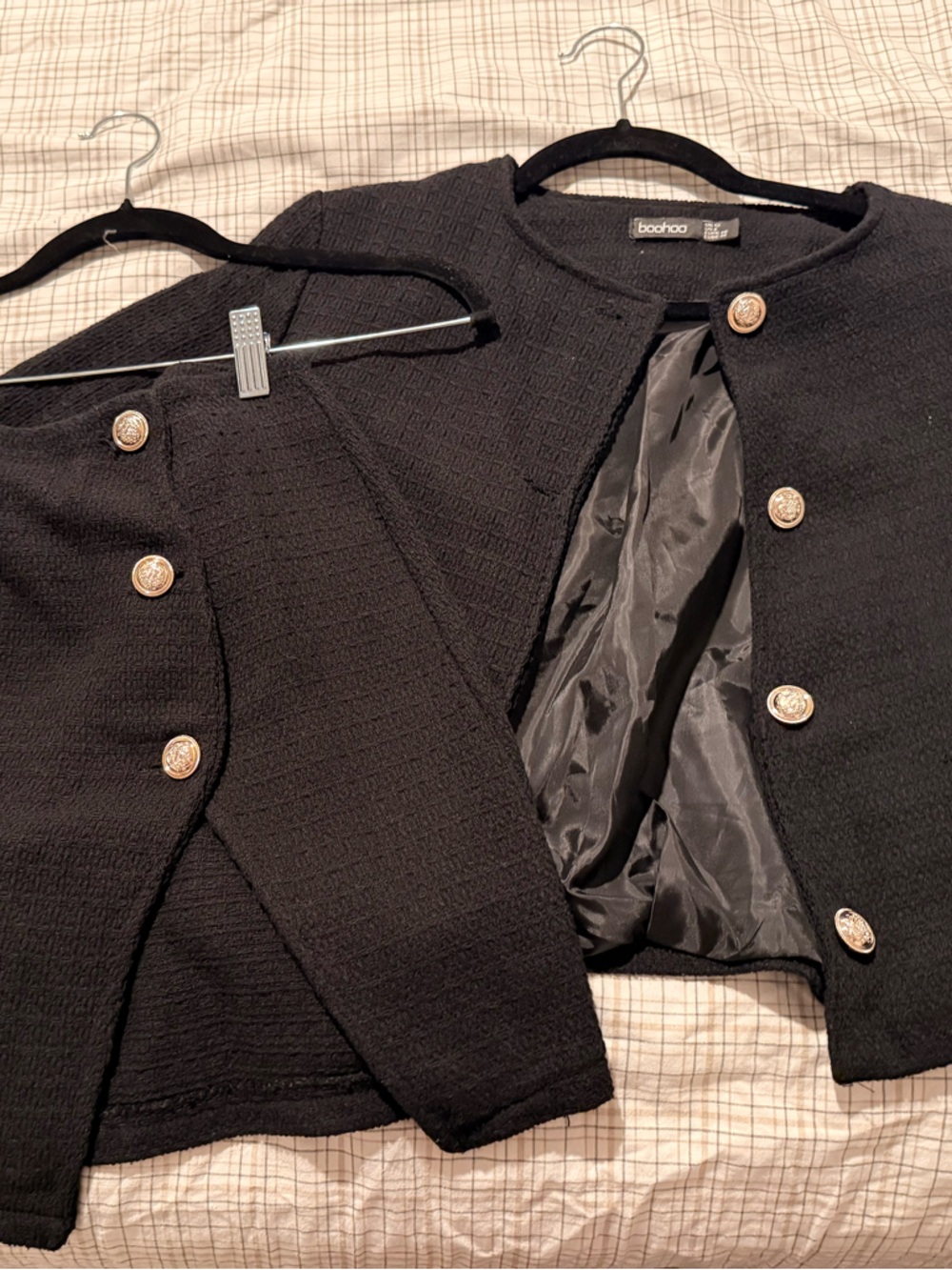 Chanel-style Black Tweed Blazer and Skirt Gold Buttons